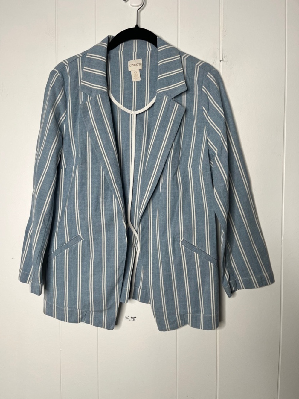 Chico's Light Blue White Striped Blazer Jacket Cotton Size S Coastal Nautical